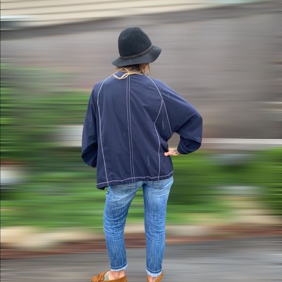 Navy blue & white chain stitch sailor style oversized crop sleeve summer jacket - Picture 4 of 12